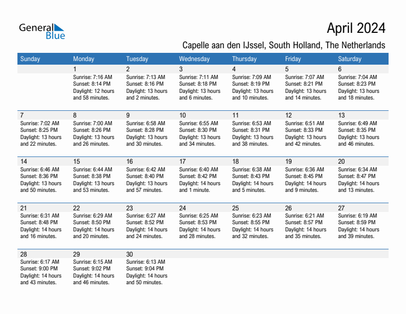 Capelle aan den IJssel April 2024 sunrise and sunset calendar in PDF, Excel, and Word