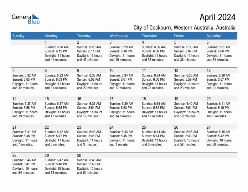 City of Cockburn April 2024 sunrise and sunset calendar in PDF, Excel, and Word