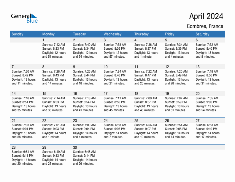 Combree April 2024 sunrise and sunset calendar in PDF, Excel, and Word