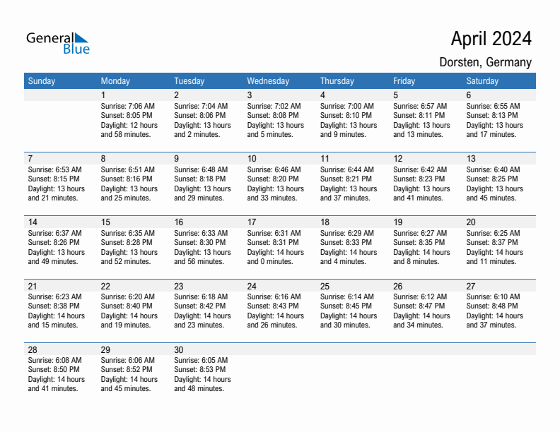 Dorsten April 2024 sunrise and sunset calendar in PDF, Excel, and Word