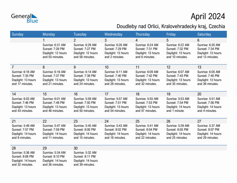 Doudleby nad Orlici April 2024 sunrise and sunset calendar in PDF, Excel, and Word