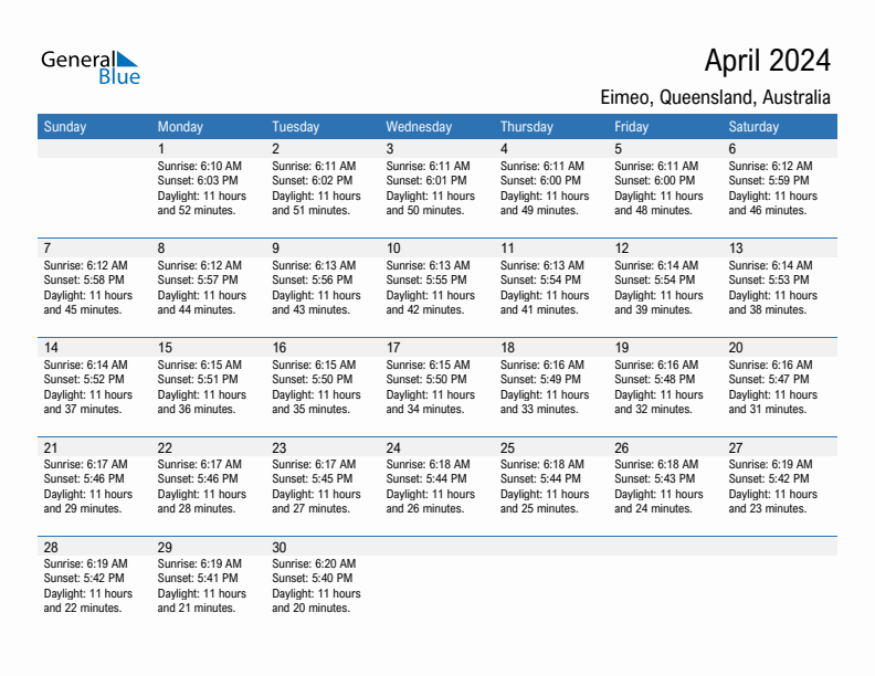 Eimeo April 2024 sunrise and sunset calendar in PDF, Excel, and Word