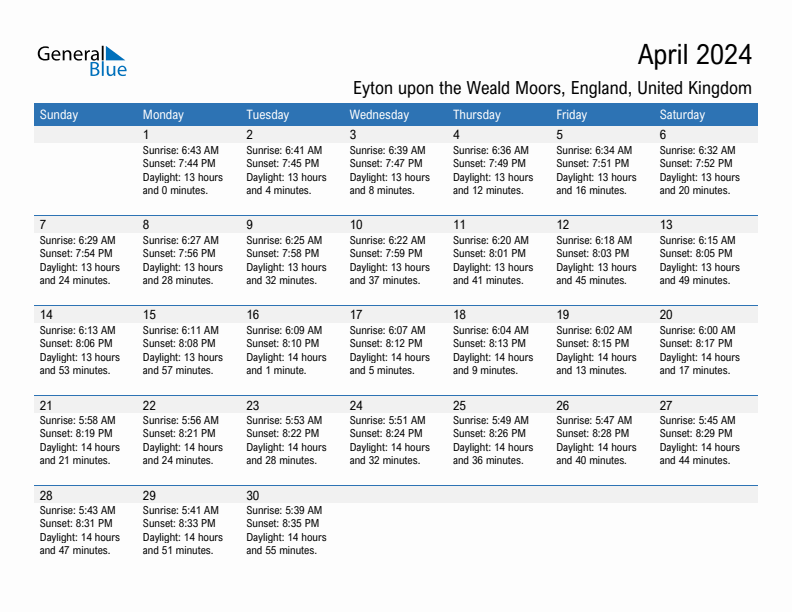 Eyton upon the Weald Moors April 2024 sunrise and sunset calendar in PDF, Excel, and Word