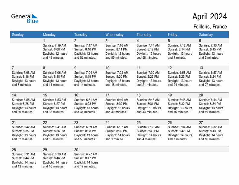 Feillens April 2024 sunrise and sunset calendar in PDF, Excel, and Word