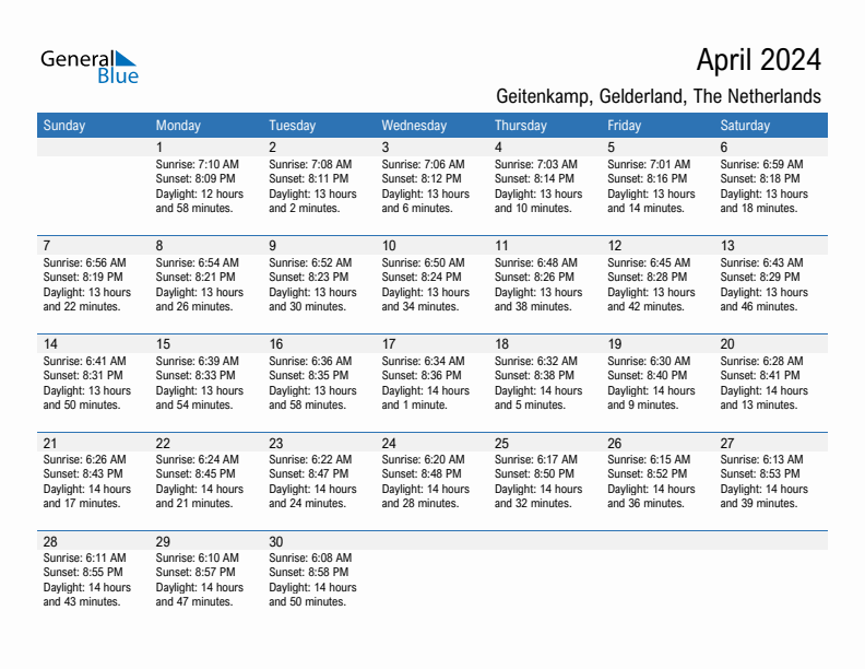 Geitenkamp April 2024 sunrise and sunset calendar in PDF, Excel, and Word