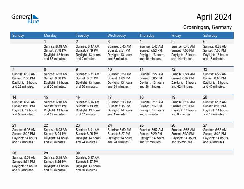 Groeningen April 2024 sunrise and sunset calendar in PDF, Excel, and Word