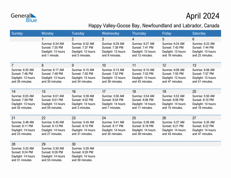 Happy Valley-Goose Bay April 2024 sunrise and sunset calendar in PDF, Excel, and Word