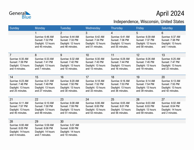 Independence April 2024 sunrise and sunset calendar in PDF, Excel, and Word