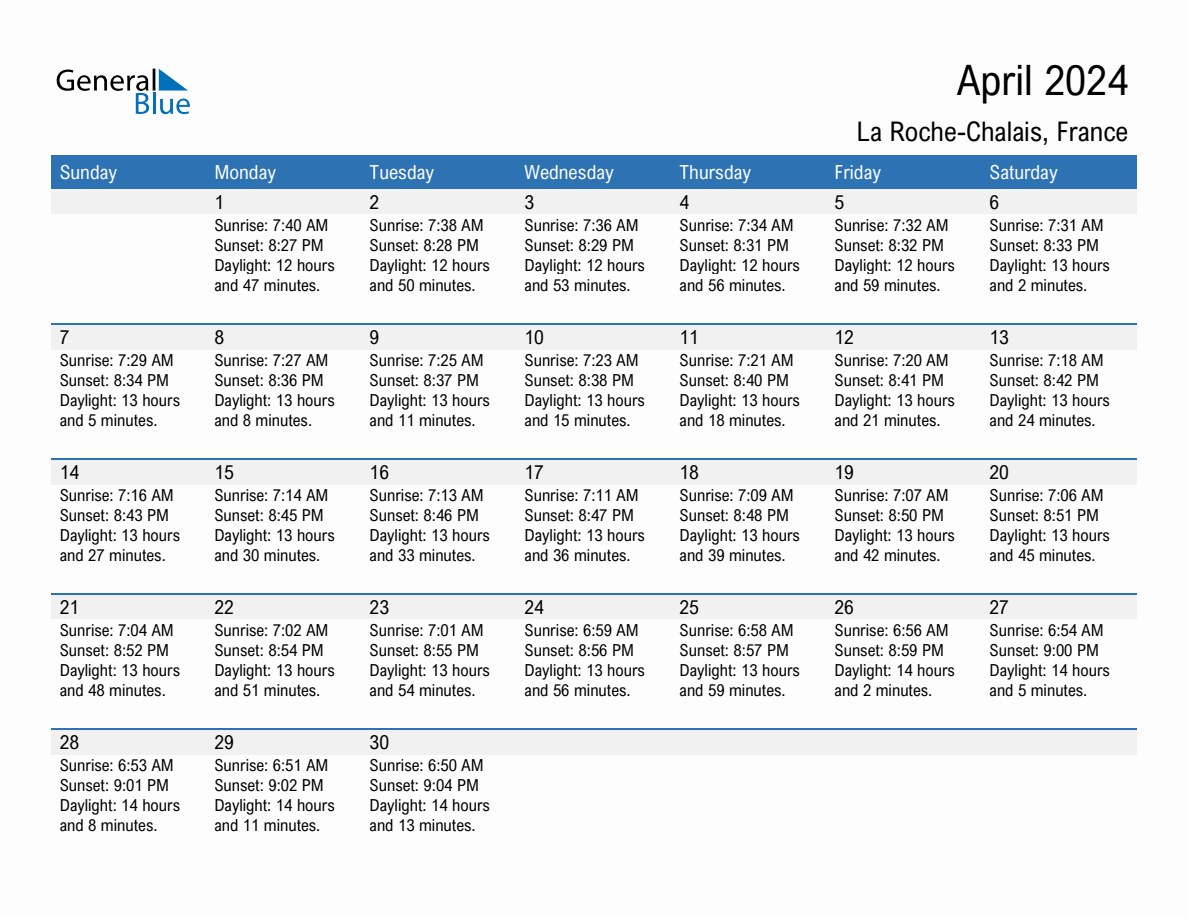 April 2024 Sunrise and Sunset Calendar for La RocheChalais (PDF, Excel