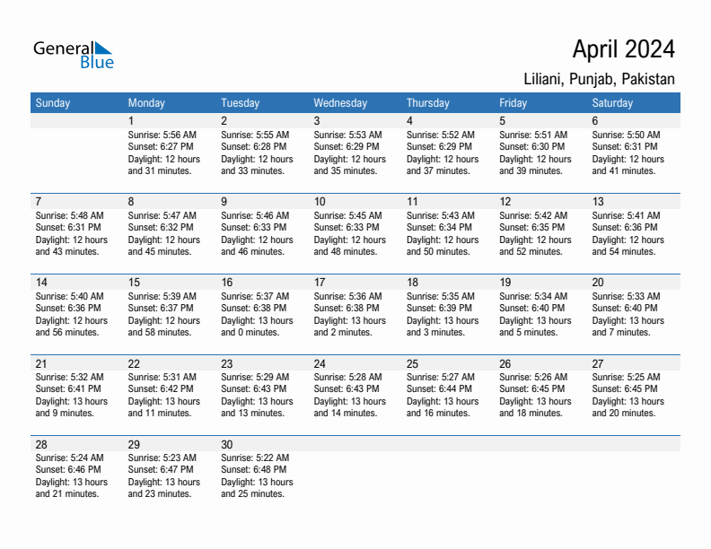 Liliani April 2024 sunrise and sunset calendar in PDF, Excel, and Word