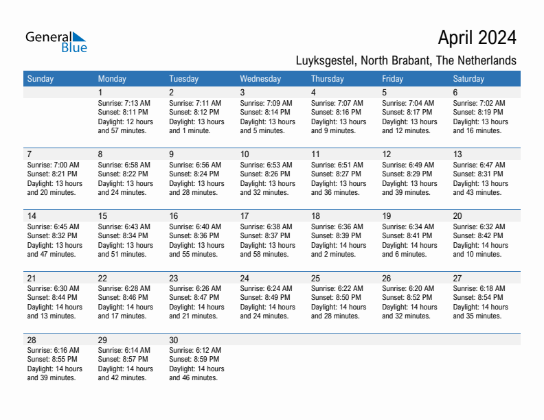 Luyksgestel April 2024 sunrise and sunset calendar in PDF, Excel, and Word