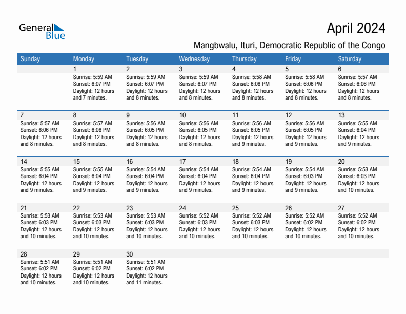 Mangbwalu April 2024 sunrise and sunset calendar in PDF, Excel, and Word