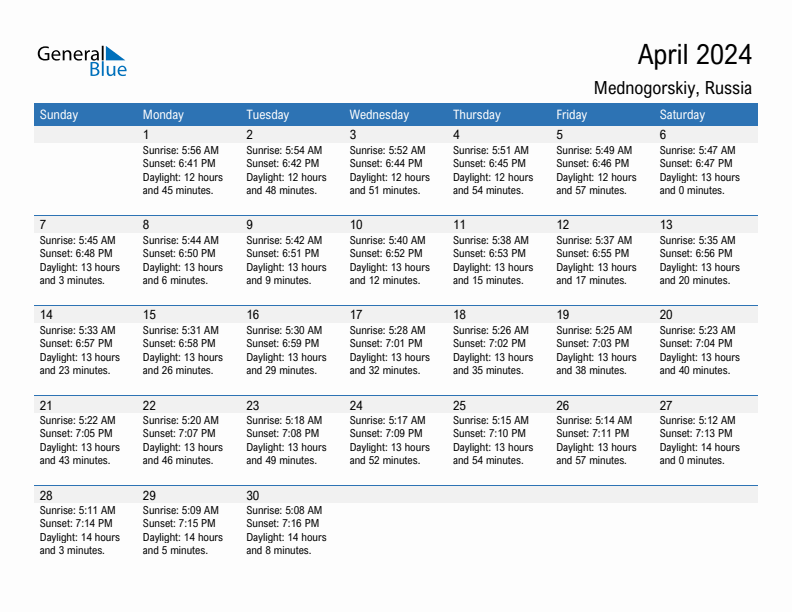 Mednogorskiy April 2024 sunrise and sunset calendar in PDF, Excel, and Word