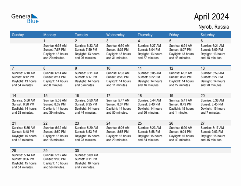 Nyrob April 2024 sunrise and sunset calendar in PDF, Excel, and Word