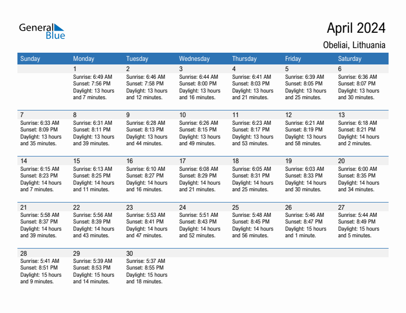 Obeliai April 2024 sunrise and sunset calendar in PDF, Excel, and Word