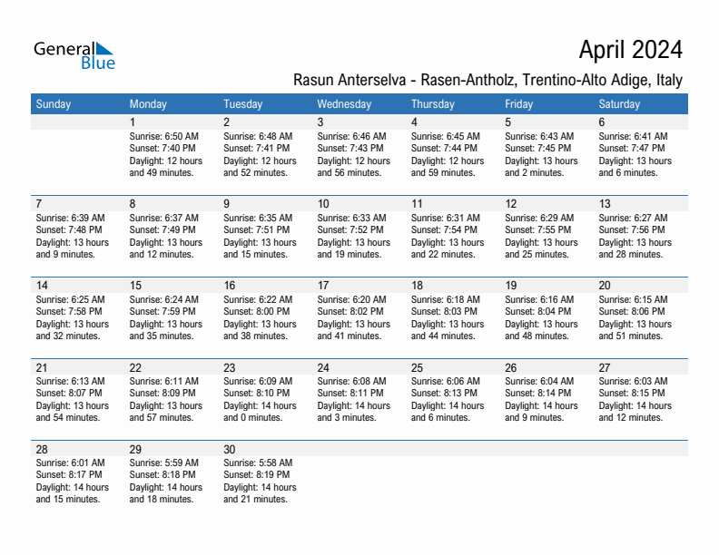 Rasun Anterselva - Rasen-Antholz April 2024 sunrise and sunset calendar in PDF, Excel, and Word