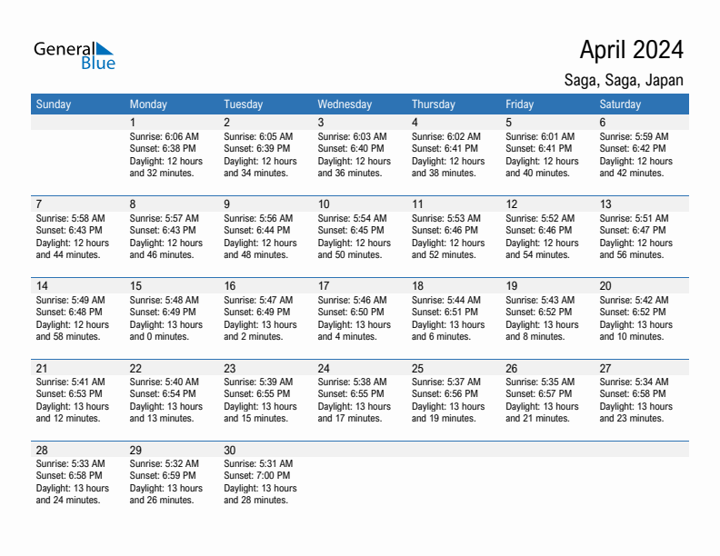 Saga April 2024 sunrise and sunset calendar in PDF, Excel, and Word