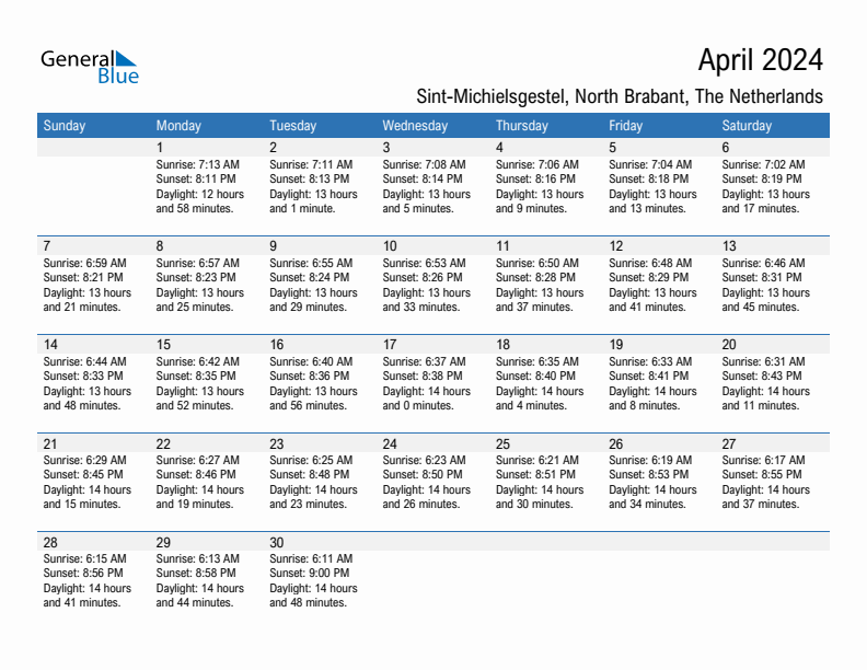 Sint-Michielsgestel April 2024 sunrise and sunset calendar in PDF, Excel, and Word