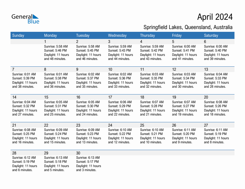 Springfield Lakes April 2024 sunrise and sunset calendar in PDF, Excel, and Word