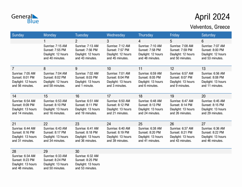 Velventos April 2024 sunrise and sunset calendar in PDF, Excel, and Word