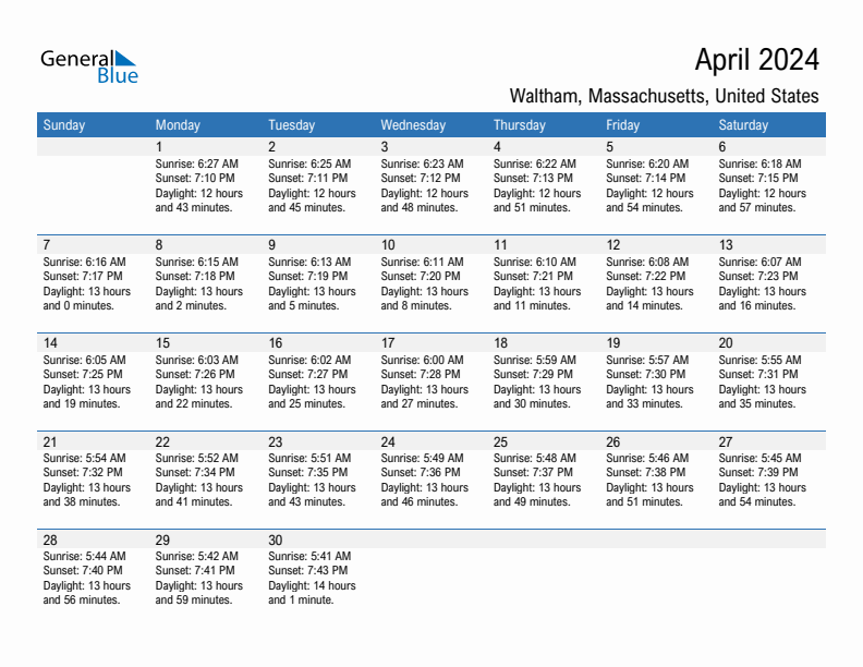 Waltham April 2024 sunrise and sunset calendar in PDF, Excel, and Word