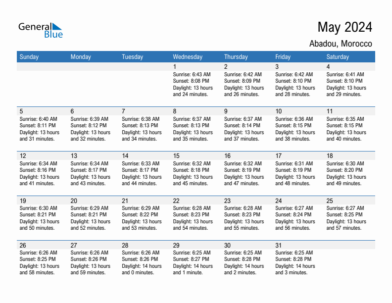 Abadou May 2024 sunrise and sunset calendar in PDF, Excel, and Word