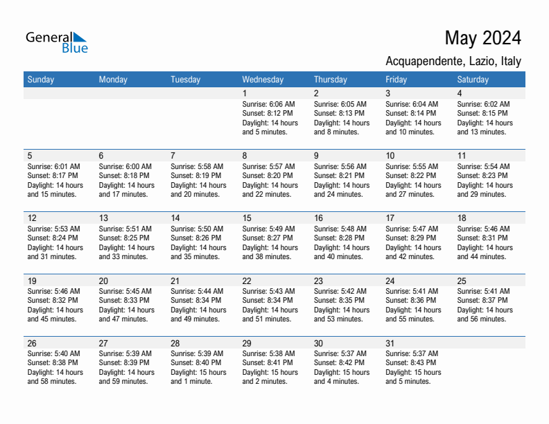 Acquapendente May 2024 sunrise and sunset calendar in PDF, Excel, and Word