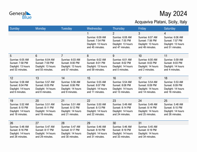 Acquaviva Platani May 2024 sunrise and sunset calendar in PDF, Excel, and Word