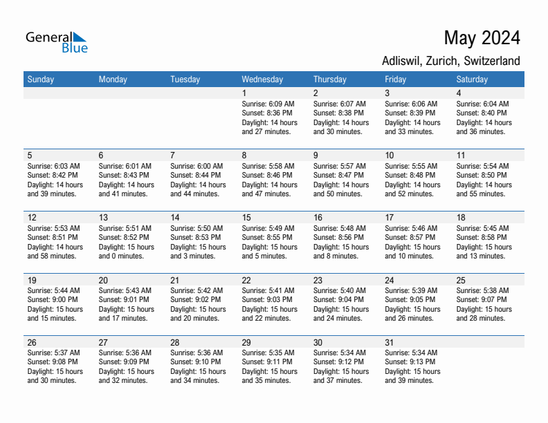 Adliswil May 2024 sunrise and sunset calendar in PDF, Excel, and Word