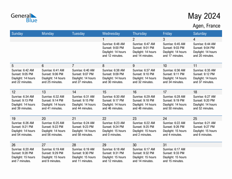 Agen May 2024 sunrise and sunset calendar in PDF, Excel, and Word