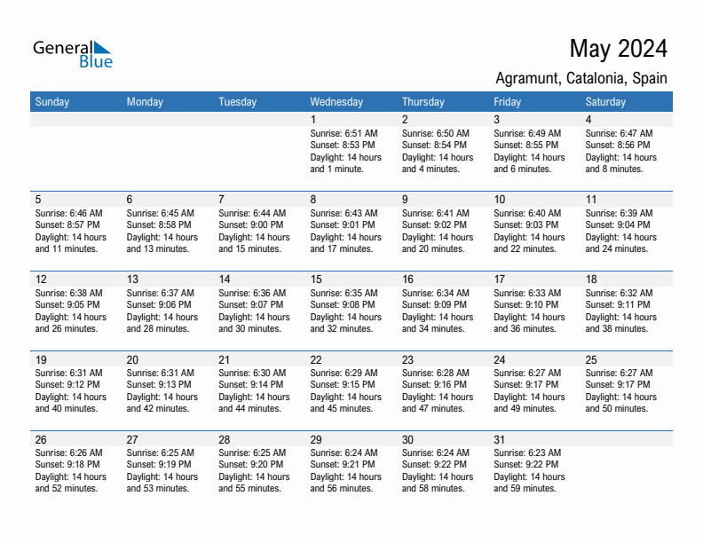 Agramunt May 2024 sunrise and sunset calendar in PDF, Excel, and Word