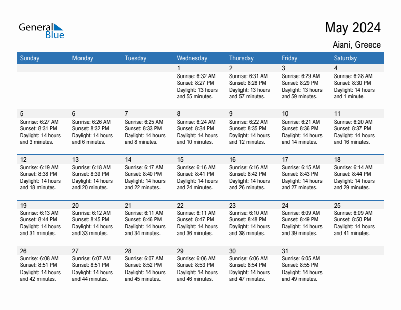 Aiani May 2024 sunrise and sunset calendar in PDF, Excel, and Word