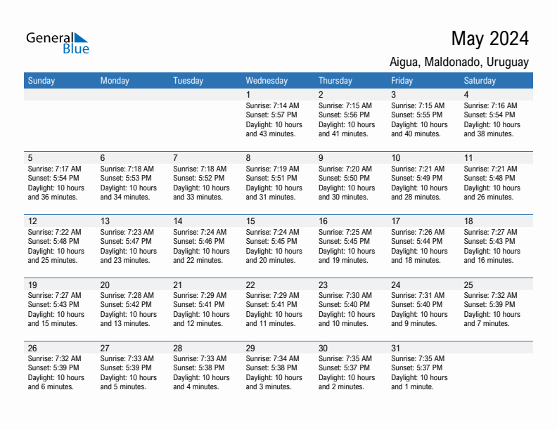 Aigua May 2024 sunrise and sunset calendar in PDF, Excel, and Word