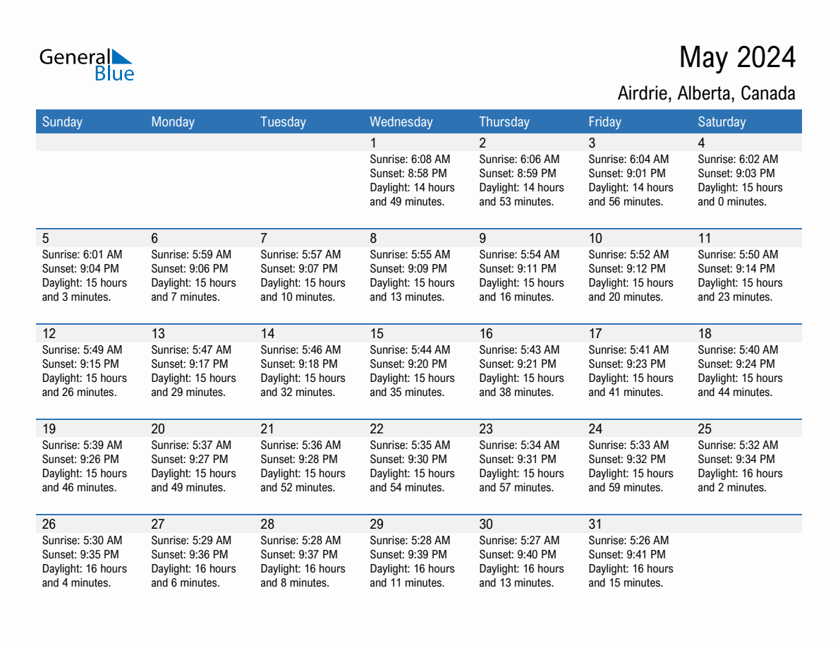 May 2024 sunrise and sunset calendar for Airdrie