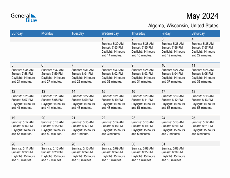 Algoma May 2024 sunrise and sunset calendar in PDF, Excel, and Word