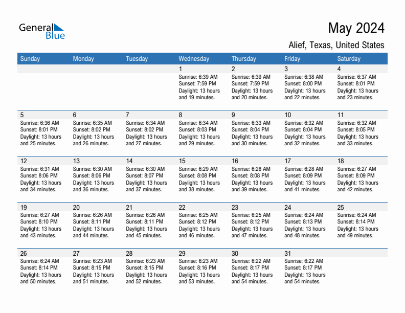 Alief May 2024 sunrise and sunset calendar in PDF, Excel, and Word