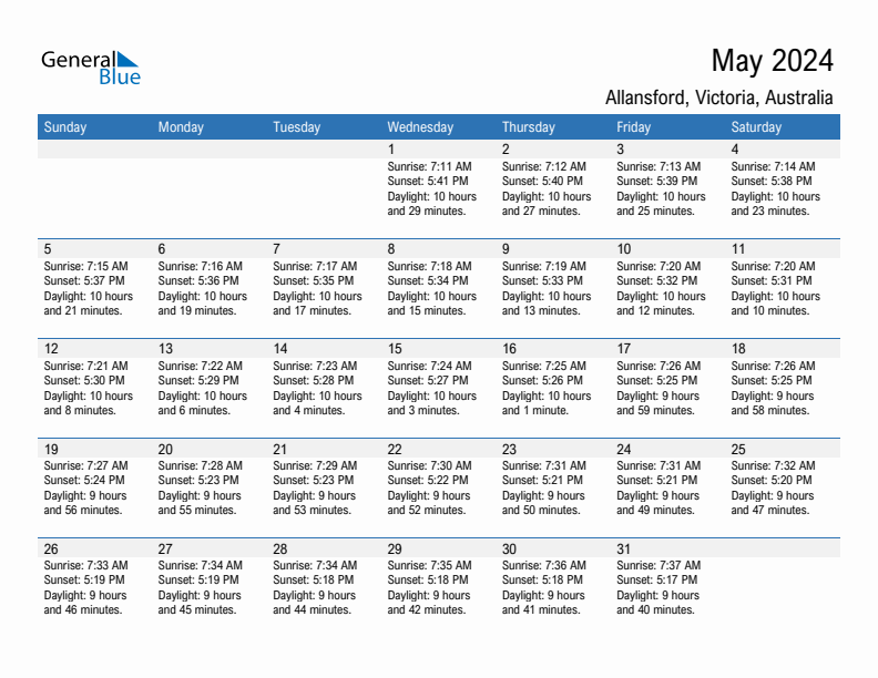 Allansford May 2024 sunrise and sunset calendar in PDF, Excel, and Word