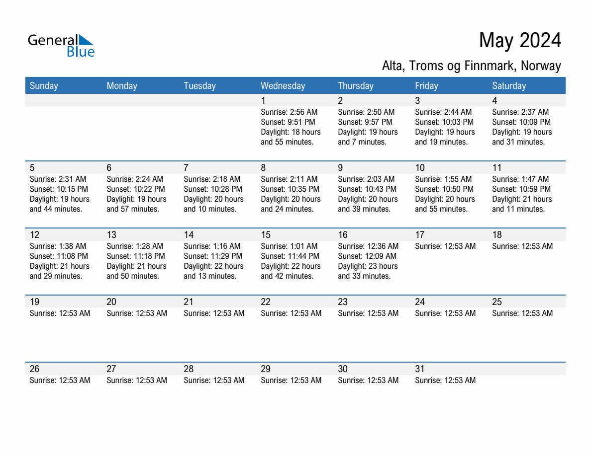 May 2024 sunrise and sunset calendar for Alta