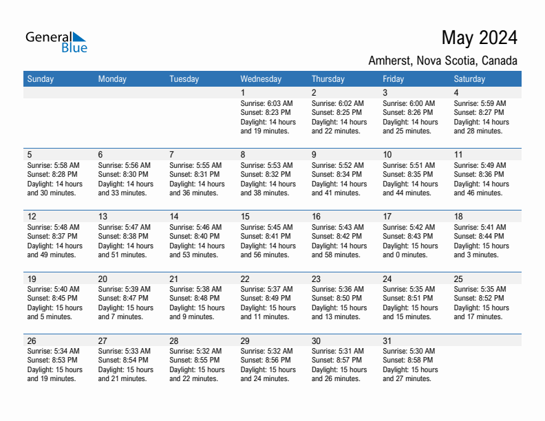 Amherst May 2024 sunrise and sunset calendar in PDF, Excel, and Word
