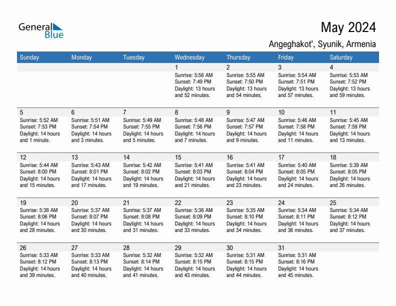 Angeghakot' May 2024 sunrise and sunset calendar in PDF, Excel, and Word