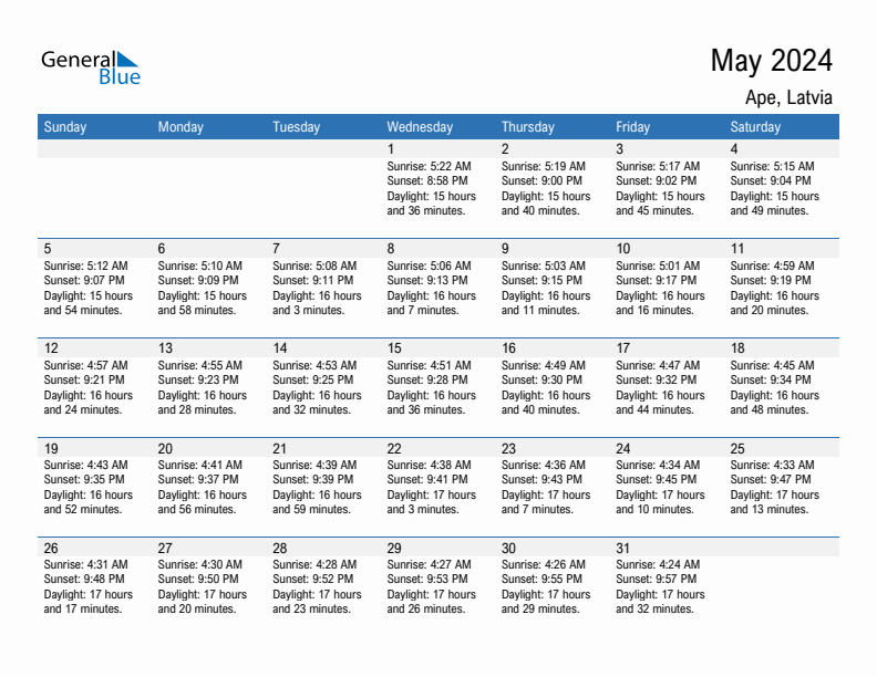 Ape May 2024 sunrise and sunset calendar in PDF, Excel, and Word