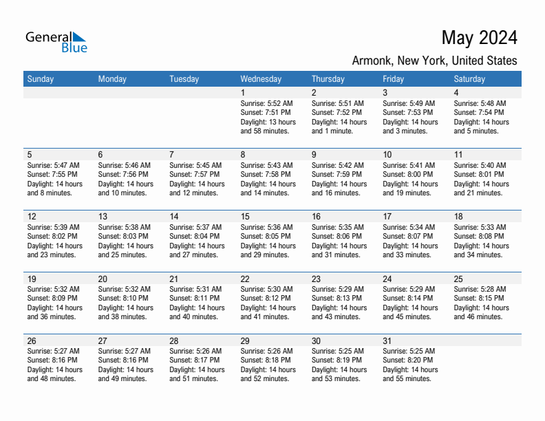 Armonk May 2024 sunrise and sunset calendar in PDF, Excel, and Word