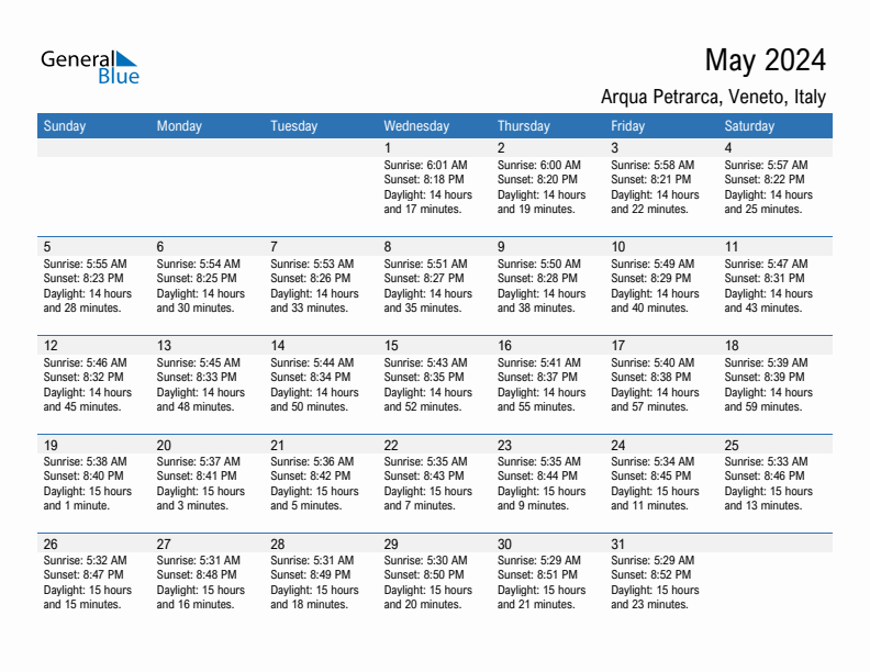 Arqua Petrarca May 2024 sunrise and sunset calendar in PDF, Excel, and Word