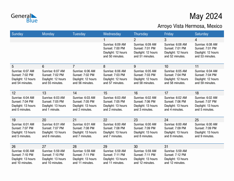 Arroyo Vista Hermosa May 2024 sunrise and sunset calendar in PDF, Excel, and Word