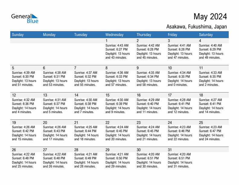 Asakawa May 2024 sunrise and sunset calendar in PDF, Excel, and Word