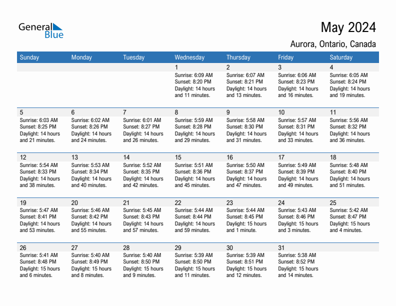 Aurora May 2024 sunrise and sunset calendar in PDF, Excel, and Word