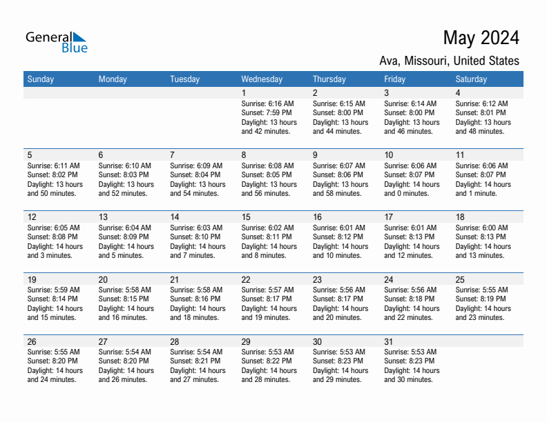 Ava May 2024 sunrise and sunset calendar in PDF, Excel, and Word