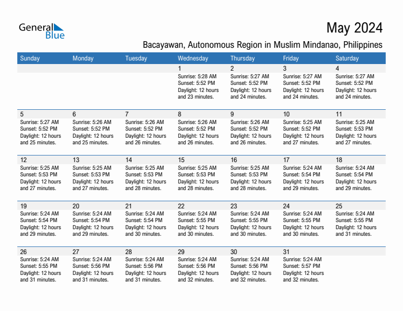 Bacayawan May 2024 sunrise and sunset calendar in PDF, Excel, and Word