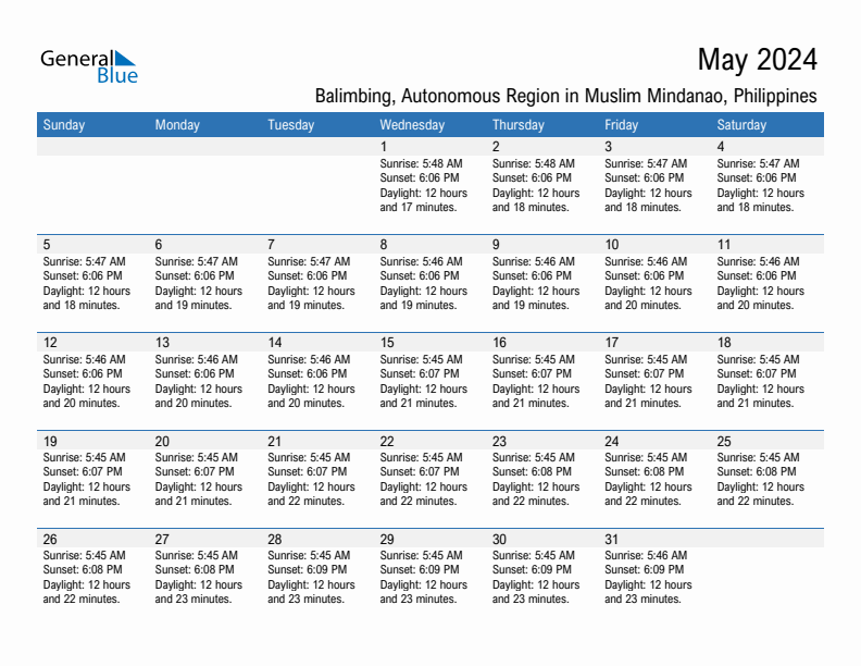 Balimbing May 2024 sunrise and sunset calendar in PDF, Excel, and Word