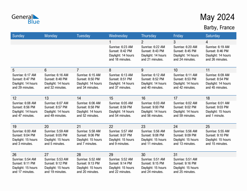 Barby May 2024 sunrise and sunset calendar in PDF, Excel, and Word